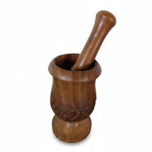 Hand-Carved Wooden Mortar & Pestle 5"H × 3"D - Plain Ritual Grinder - New